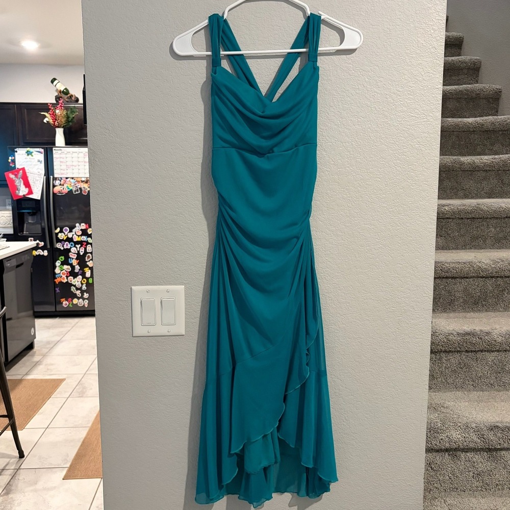 Ruby Rox Teal Blue Ruched Cowl Neck High-Low Ruffle Cocktail Dress Womens Medium - Picture 2 of 6